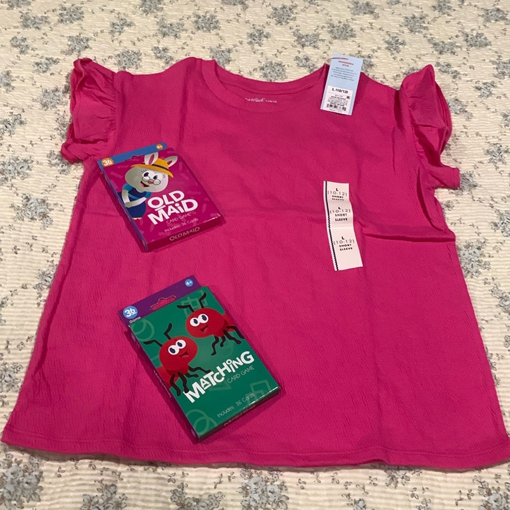 Cat & Jack Pink Shirt & Card Games NEW Size L (10-12) Old Maid & Matching Cards